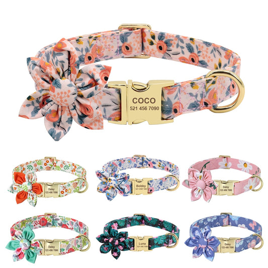 Personalized Dog ID Collar Nylon Engraved Pet Collars Necklace With Cute Flower Colorful Print For Small Medium Large Dogs Cats